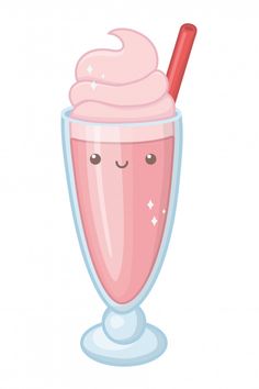 a pink milkshake in a glass with a straw and smiling face on it