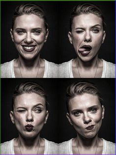 four different pictures of a woman making faces with her mouth open and lips wide open