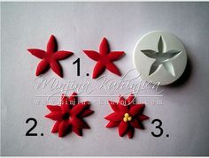 three red flowers are next to a white button with the numbers 1, 2, and 3 on it