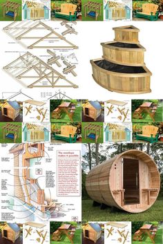 the plans for an outdoor saunat are shown in several different positions and sizes