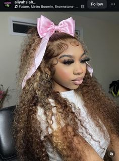 Frontal Hairstyles With Bows, Bow Hairstyle Deep Wave Wig, Deep Wave With Bow, Bow Hairstyle Black Women Deep Wave, Curly Blonde Lace Front Wig, Curly Wig With Bow, Curly Wig Hairstyles With Bow, Deep Wave Bow Hairstyle, Deep Wave Wig Styles With Bow