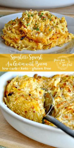 spaghetti squash and artichoke casserole with bacon in a white dish on a wooden table