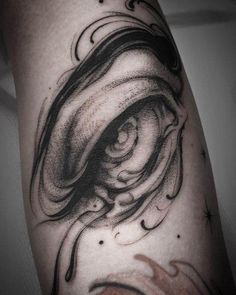 an eye tattoo on the arm