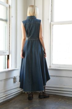 A washed denim hi-lo midi dress featuring shirt collar, button down, side pockets, self sash and frayed hemlineDetails:Self : 90% Cotton 10% PolyesterSize & Fit- Model is 5`9" And Wearing Size Small- Measurements Taken From Size Small- Approx. Length: 54" Curvy Maxi Dress, What To Wear Fall, Fuchsia Dress, Denim Midi Dress, Resort Dresses, Jumpsuits And Romper, Curvy Dress, Washed Denim, Curve Dresses