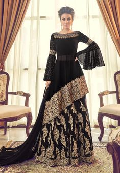 MAKE A STAND IN THIS BEAUTIFUL MEHNDI WEAR LEHENGA OUTFIT. KEY FOR VERSATILE DRESSING THIS SEASON. Suit Gown, Long Choli Lehenga, Georgette Palazzo, Gown Indian, Long Suit, Wedding Clothing, Palazzo Suit, Mode Abaya, Indian Gowns Dresses