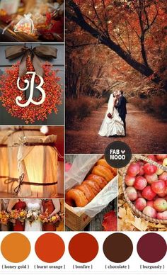 the color scheme for this fall wedding is red, orange, and brown with an autumn theme