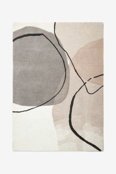 a rug with an abstract design on the front and back of it in grey, beige and white colors