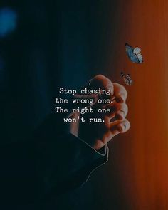 a person holding a butterfly in their hand with the caption stop chasing the wrong one, the right one won't run