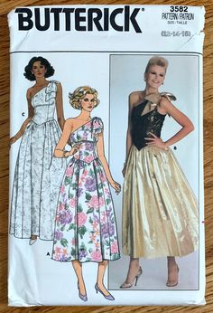 ©1985 Butterick printed pattern #3582 Misses' Dress. Dress, lower calf, above ankle, or evening length, has close-fitting, lined bodice, attached shoulder bow, front and back princess seams, side zipper, shaped front dropped waistline and flared skirt with side front and side back seams. B: contrast. size 12-14-16 bust 34-38 waist 26.5-30 Factory folds with instructions. Envelope good: tab intact, gently tanned, worn edges, small tears top corners. Listing is for a vintage sewing pattern. This is NOT a digital download, reproduction pattern nor finished garment. 🛒 The more items you add to your cart, Etsy shipping calculator will grossly overestimate shipping. I refund any difference over $2. Combine shipping with my other vintage shop, attyssproutvintage.etsy.com ✂️ Related items in my s Wedding Dress Tight, Evening Gown Pattern, Sweetheart Evening Dress, Butterick Patterns Vintage, Formal Dress Patterns, 80s Prom Dress, Wedding Dress With Veil, Gown Pattern, Butterick Pattern