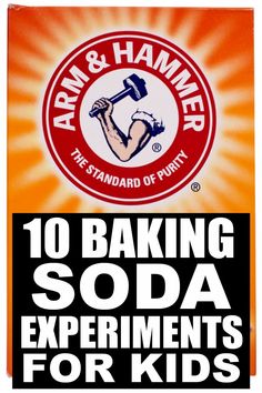 an orange and white sign with the words adam hammer on it's front, stating baking soda experiments for kids