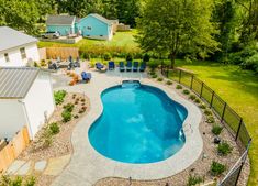 an aerial view of a backyard with a swimming pool