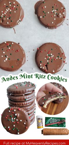 chocolate covered cookies with sprinkles on top and in the middle, are shown