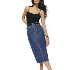 Size: 24 Color: Hana Condition: New With Tags. - Back Pockets, Belt Loops, Center Back Slit, Fitted Waist, Front Pockets, Midi Length Skirt, One Button Closure, And Slim Fit Skirt. - This Is A Medium Weight Non-Stretch Denim. Slim Fit Skirts, Sustainable Denim, Denim Dresses, Spring Skirts, Midi Length Skirts, Denim Midi Skirt, High Rise Denim, Fitted Skirt, Jean Skirt