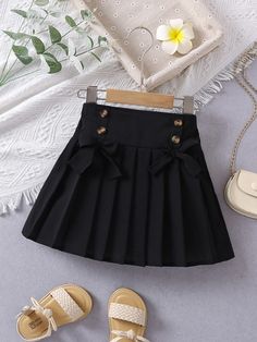 Young Girl Solid Black Elegant School Style Pleated Skirt, Versatile Midi Skirt For Summer Black Cute   Fabric Plain Pleated Slight Stretch  Young Girls Clothing, size features are:Bust: ,Length: ,Sleeve Length: Skirt For Kids, Style Pleated Skirt, Plaid Skirt Set, Shein Kids, School Uniform Outfits, School Skirt, Girls Skirts, Skirts For Kids, Black Pleated Skirt