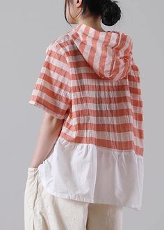 Handmade Yellow Striped hooded Cotton Linen Summer Shirts - SooLinen Casual Patchwork Hoodie Tops, Cotton Hooded Tops With Pockets, Spring Patchwork Hoodie Top, Hooded Summer Top With Pockets, Summer Hooded Tops With Pockets, Patchwork Cotton Hoodie, Summer Cotton Hoodie With Drawstring Hood, Summer Cotton Hoodie With Drawstring, Spring Patchwork Hooded Tops