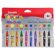 an assortment of different colored crayons in a box with the words yummy written on it