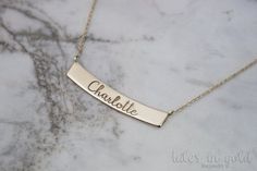 Name Necklace Gold Necklace ID Pendant Personalized by TalesInGold Everyday Gold Jewelry With Names, Elegant Customizable Rectangular Name Necklace, Personalized Gold Bar Necklace Gift, Elegant Gold Name Necklace With Engraving Option, Gold Rectangular Necklaces With Engraved Text, Gold Rectangular Necklace With Engraved Text, Elegant Silver Bar Necklace With Custom Name, Gold Rectangular Pendant With Engraved Text, Classic Everyday Jewelry With Names