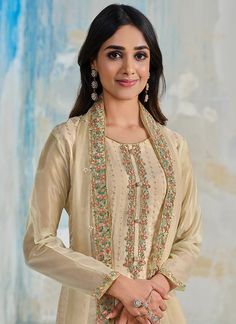 Buy Palazzo Suit - Beige Multi Embroidered Wedding Palazzo Suit In USA UK CANADA Wedding Palazzo, Satin Salwar Suit, Satin Salwar, Golden Suit, Suit Palazzo, Suit Beige, Kids Kaftan, Casual Abaya, Satin Pant