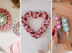 three pictures with different types of crocheted items on them, one has a heart and the other has flowers