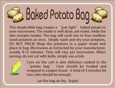 an advertisement for baked potato bag with instructions on how to bake it in the microwave