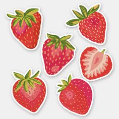 six strawberries stickers on a white background