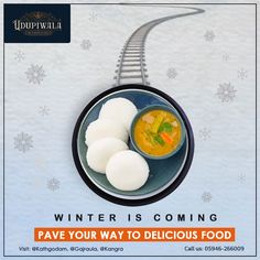 an advertisement for winter is coming, with food on a plate