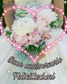 a woman holding a wedding bouquet in her hands with the words baby, be an anniversary fe