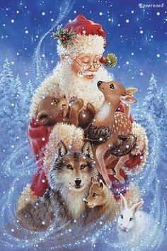 a painting of santa claus surrounded by animals