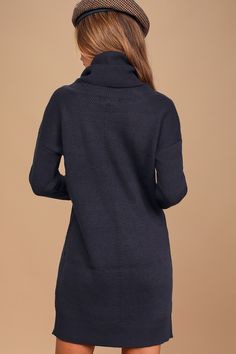 Lulus Exclusive! With the Lulus Tea Reader Navy Blue Sweater Dress, we see a day of snuggling up fireside in your future! Soft, medium-weight knit offers a cozy fit with a cowl neck and long, fitted sleeves. Relaxed bodice falls effortlessly to a ribbed hem. Fit: This garment fits true to size. Length: Mid-thigh. Size small measures 32.5" from shoulder to hem. Bust: Great for any cup size. Waist: Not Fitted - comfortable room throughout midsection. Hip: Not Fitted - room for hips. Undergarments: Cozy Knit Sweater Dress For Loungewear, Turtleneck Knit Sweater Dress, Cozy Turtleneck Knit Sweater Dress, Cozy Knit Turtleneck Sweater Dress, Cozy Turtleneck Knit Dress, Cozy Knit Turtleneck Dress, Cozy Winter Sweater With Cowl Neck, Navy Blue Sweater Dress, Blue Sweater Dress