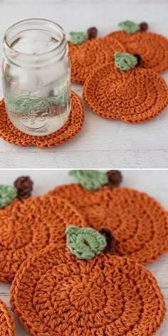 crocheted pumpkin coasters with leaves on them and a mason jar in the middle