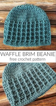 two crocheted beanies are shown with text that says, waffle brim beanie free crochet pattern