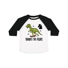 Cute dinosaur rides a skateboard on this fun 4th birthday design for boys. A toddler-soft cotton tee in look-at-me, big kid colors. 4.5 oz., 100% combed ringspun cotton. White is sewn with 100% cotton thread. Topstitched rib crew neck. Double-needle stitched sleeves and bottom hem. Shoulder-to-shoulder taping. Toddler T-Shirt. Size: 2T.  Gender: male. Rawr Im 4 Shirt, 2nd Birthday Dinosaur, 3rd Birthday Dinosaur, Dinosaur 2nd Birthday Shirt Boys, Dinosaur Birthday Shirt Boys Four, Dinosaur Birthday Shirt Boys 3, Boys Dinosaur Shirt, Birthday Party Dinosaur, Party Dinosaur