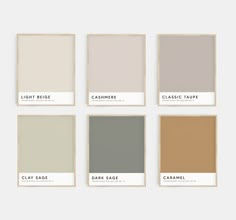 six different shades of gray, beige, and white paint on the same color scheme