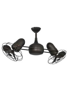 a black ceiling fan with four lights on each side and two fans in the middle