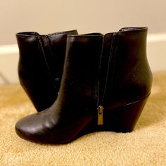 Wedge Ankle Booties. Never Worn. Black Wedge Boots With Medium Width, Black Wedge Boots Medium Width, Black Wedge Heel Boots For Work, Black Ankle Wedge Boots For Formal Occasions, Black Formal Ankle Wedge Boots, Chic Black Ankle-high Wedge Boots, Steve Madden Wedges, Steve Madden Shoes, Kenneth Cole