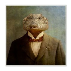 an alligator dressed in a suit and bow tie with his head turned to the side