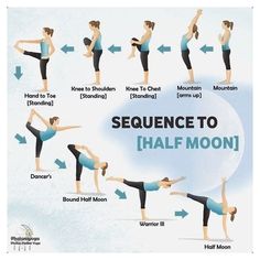 the sequence to half moon yoga poses is shown in this graphic above it's description