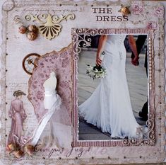 an altered picture frame with a bride and groom's wedding dress on the front