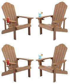 four wooden adiron chairs with drinks on each chair and one empty plastic bottle in the middle