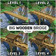 four different views of a bridge in minecraft, with the text level 1 below it