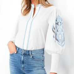 The Shirt By Rochelle Behrens White And Blue Embroidered Sandy Shirt Never Worn, Excellent Condition Frustrated With Button Downs That Never Seemed To Fit Right, Local Dc Designer Rochelle Behrens Set Out To Create The Perfect Shirt. Her Patented “No Gape” Technology Earned Her Shirts The Honor Of Being Named “Must Have Fashion Item Of The Year” By Oprah. If You Know Us, You Know We Love An Effortless Boho Blouse Because It Looks Good Anywhere And Everywhere. The Sandy Shirt Is No Different, Wit Embroidered Long Sleeve Tops For Daywear, Long Sleeve Tops With Embroidered Sleeves For Daywear, Summer Tops With Embroidered Sleeves For Daywear, Blue Embroidered Tops For Daywear, Cutwork Embroidery, Ladies Shirt, Boho Blouse, Boho Blouses, The Shirt