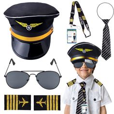 PRICES MAY VARY. ��【Package Included】You will receive a kids pilot cap,a pair of aviator sunglasses,a tie,a pair of epaulets and a ID card,5 piece of pilot dress up accessories in total.When wearing this will make your boys look handsome and dashing,which will enhancing the pleasure of the pilot role playing. 【Pilot Hat for Kids】The captain hat features black fabric with gold wing patch on front and a black visor,made of polyester fabric and shiny PU leather,plastic lining baffle making the cap wi Cheerleaders Costume, Pilot Accessories, Pilot Outfit, Captain Costume, Pilot Costume, Pilot Hat, Pilot Uniform, Vbs 2023, Hat For Kids