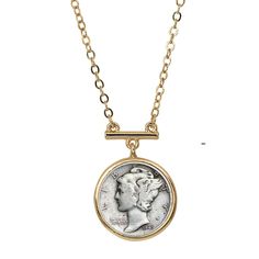 Features:Genuine Coin Jewelry Pendant. Chain and Extender are 18"+3"United States Mercury Dime Minted From 1916 to 1945, Mint Marks and Years Will VaryFlat cable style goldtone 18 inch chain with 3 inch extender and a lobster claw claspComes In A White Jewelry Box Classic Gold Nickel-free Necklace, Classic Gold Coin Necklace, American Coins, Mens Gold Jewelry, White Jewelry Box, Italian Jewelry, Coin Jewelry, Coin Necklace, Jewelry Online Shopping