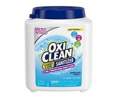 an oxi clean sanitizer is shown on a white background with blue lid