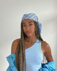 Box Braids Outfit Fashion, Braids Look Outfit, Amaka Hamelijnck Outfits, Durag With Braids, Durag With Box Braids, Box Braid Inspiration, Scarf Over Braids, Braids And Scarf Black Women, How To Style Box Braids With A Scarf