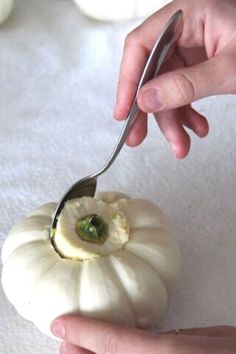 someone is cutting into a small white pumpkin