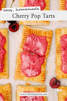 homemade cherry pop tarts on parchment paper with cherries in the background and text overlay reading easy homemade cherry pop tarts