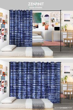 two pictures of a bedroom with blue curtains