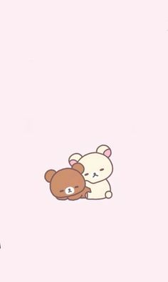 two teddy bears sitting next to each other on a pink background