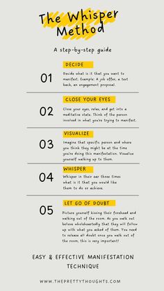 Are you ready to transform your dreams into reality? Dive into our powerful guide that combines the art of manifestation with the calming practice of meditation. Learn how to align your thoughts and actions to attract everything you truly deserve in life! 🌟 What You'll Discover: Manifestation Techniques: Clear steps to set your intentions and attract abundance. Meditation Practices: Guided meditations that help you connect with your inner self and visualize your goals. Empowerment Tips: Daily affirmations and mindset shifts to boost your confidence and keep you focused on your desires. Whisper Method, Attract Abundance, Writing Therapy, Spiritual Manifestation, Cold Home Remedies, Self Concept, Manifestation Journal, Lose 40 Pounds, Positive Self Affirmations